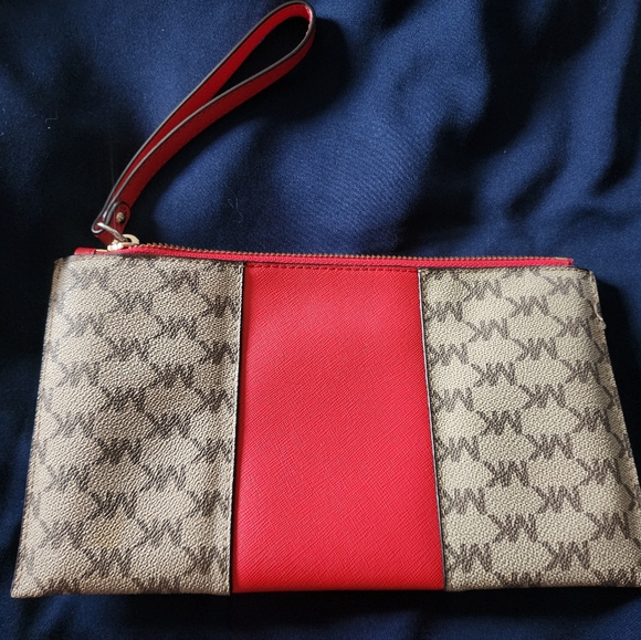 MICHAEL KORS red Center Stripe MK Signature LG Zip CLUTCH Wristlet Wallet - Picture 3 of 3